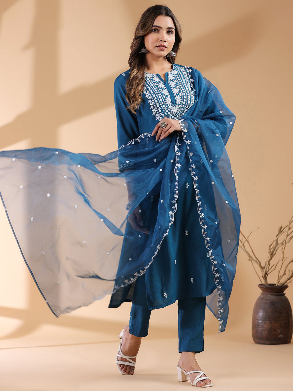 Janasya Dark Silk Blend Embroidered Straight Kurta Set | Grocsy