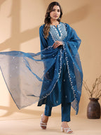 Janasya Dark Silk Blend Embroidered Straight Kurta Set | Grocsy