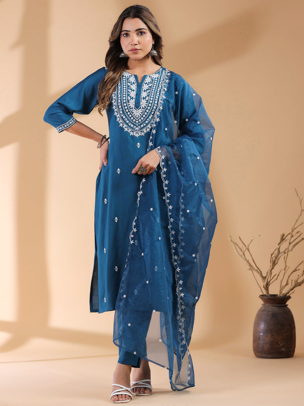 Janasya Dark Silk Blend Embroidered Straight Kurta Set | Grocsy