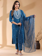 Janasya Dark Silk Blend Embroidered Straight Kurta Set | Grocsy