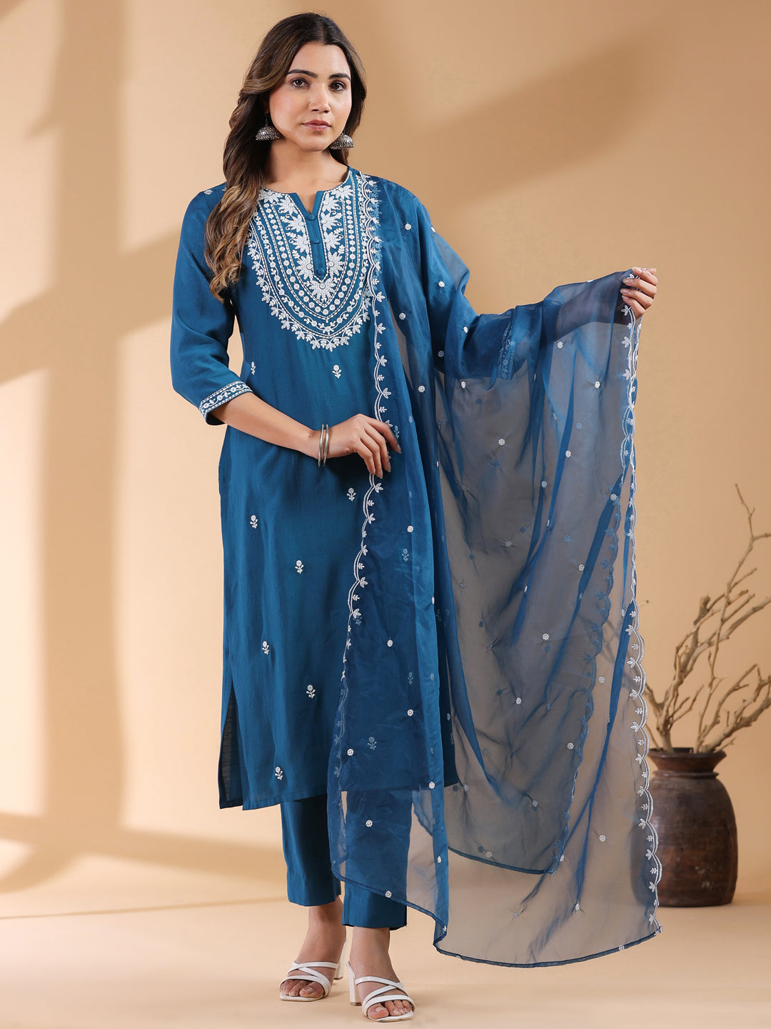 Janasya Dark Silk Blend Embroidered Straight Kurta Set | Grocsy