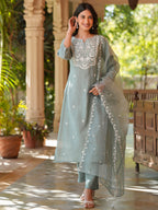Janasya Light Silk Blend Embroidered Straight Kurta Set | Grocsy