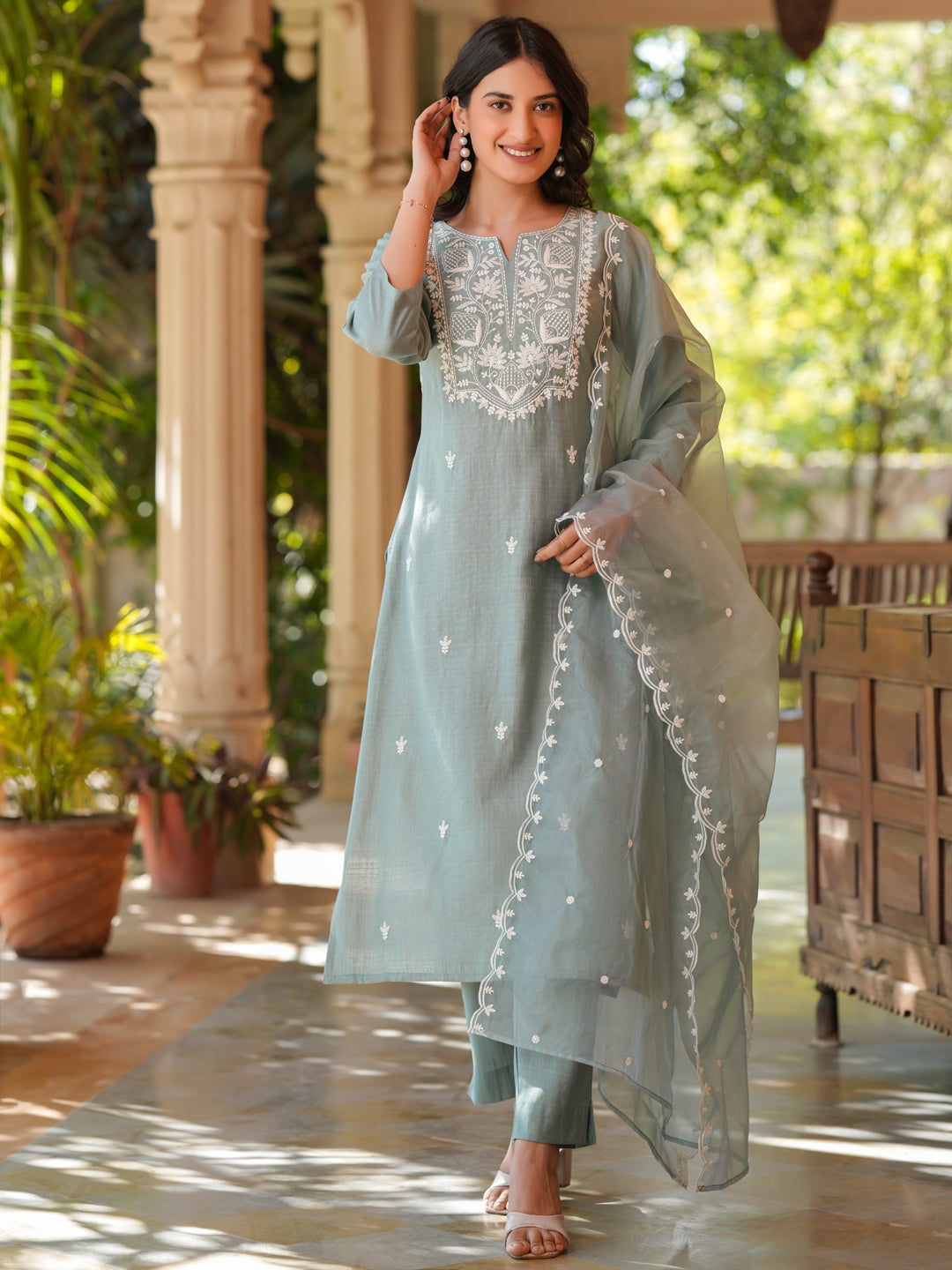 Janasya Light Silk Blend Embroidered Straight Kurta Set | Grocsy