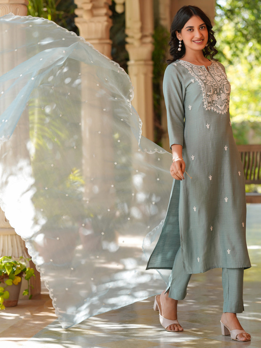 Janasya Light Silk Blend Embroidered Straight Kurta Set | Grocsy