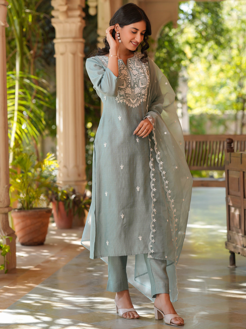 Janasya Light Silk Blend Embroidered Straight Kurta Set | Grocsy