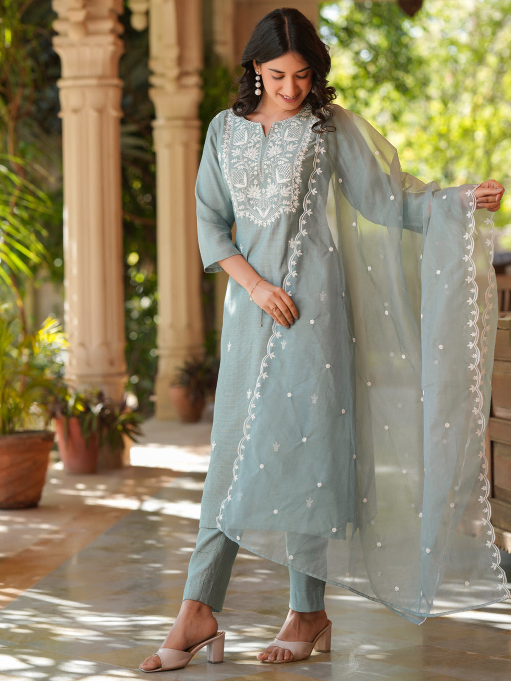 Janasya Light Silk Blend Embroidered Straight Kurta Set | Grocsy
