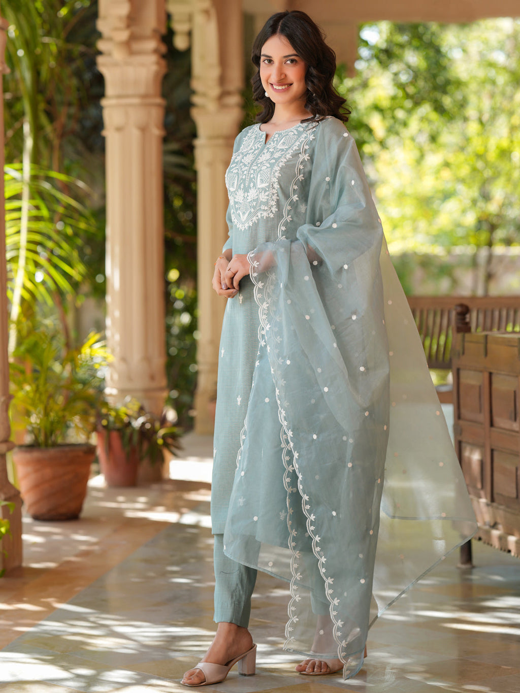Janasya Light Silk Blend Embroidered Straight Kurta Set | Grocsy
