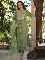 Janasya Dark Silk Blend Embroidered Straight Kurta Set | Grocsy
