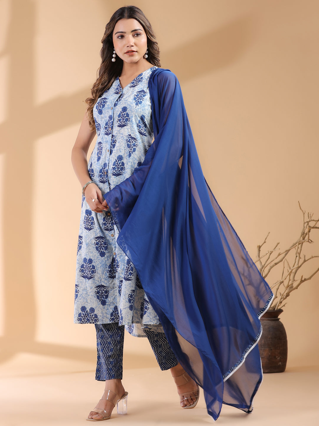 Janasya Dark Cotton Ethnic Motifs A-Line Kurta Set | Grocsy