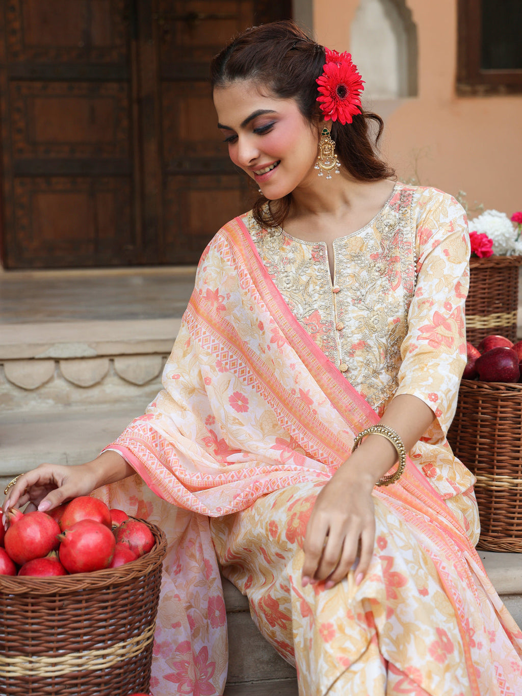 Janasya Light Cotton Floral A-Line Kurta Set | Grocsy
