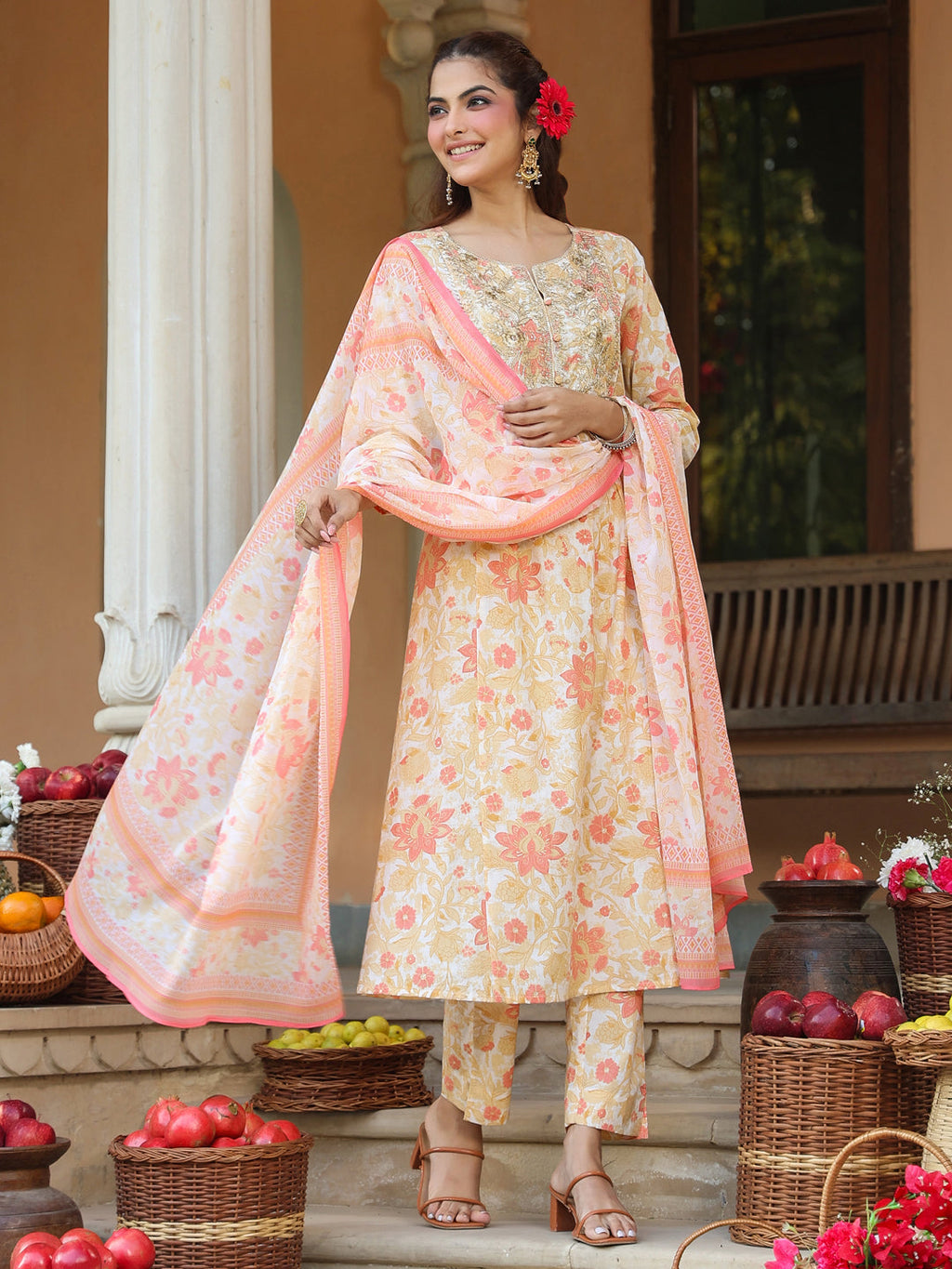 Janasya Light Cotton Floral A-Line Kurta Set | Grocsy