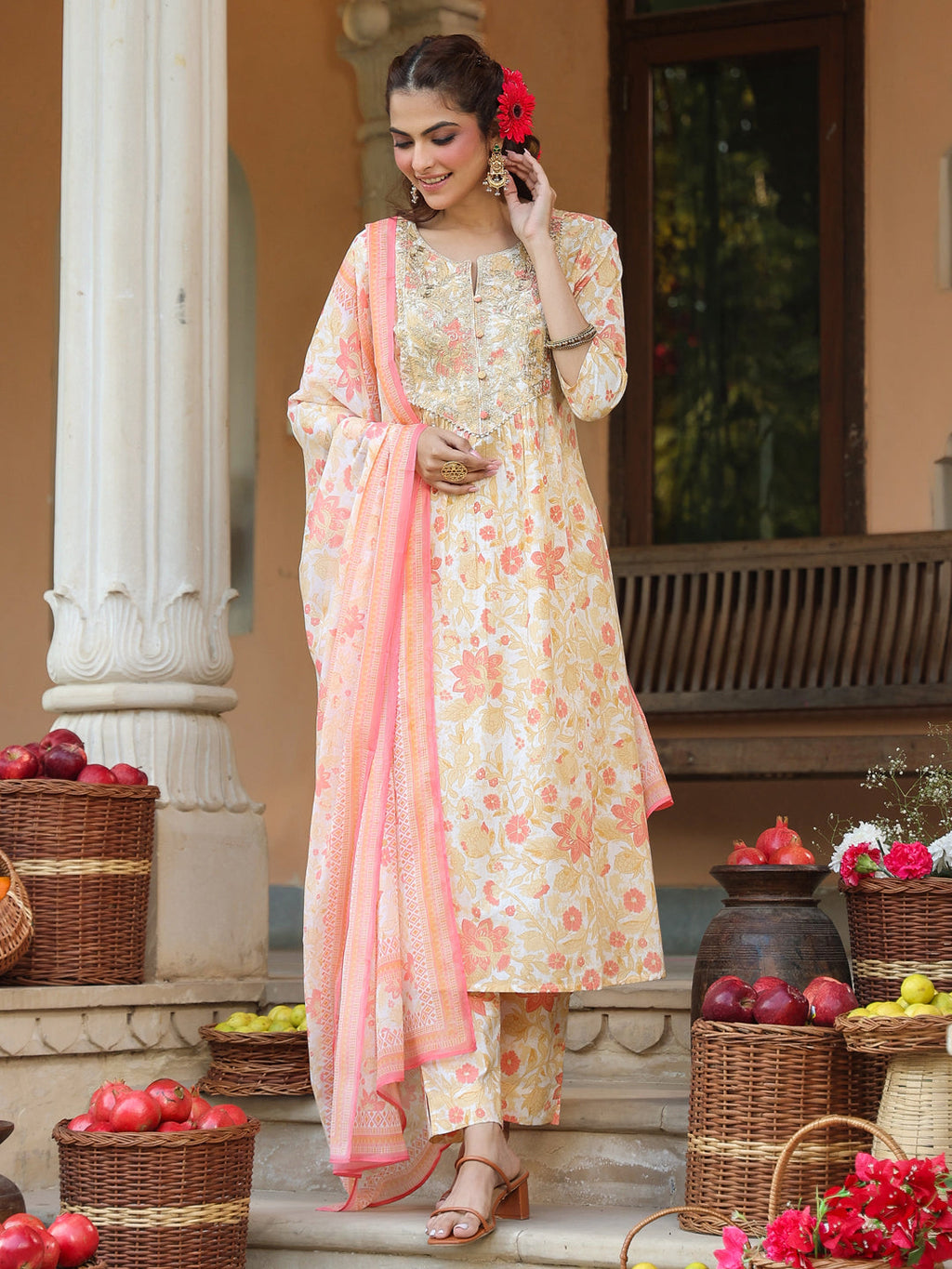Janasya Light Cotton Floral A-Line Kurta Set | Grocsy
