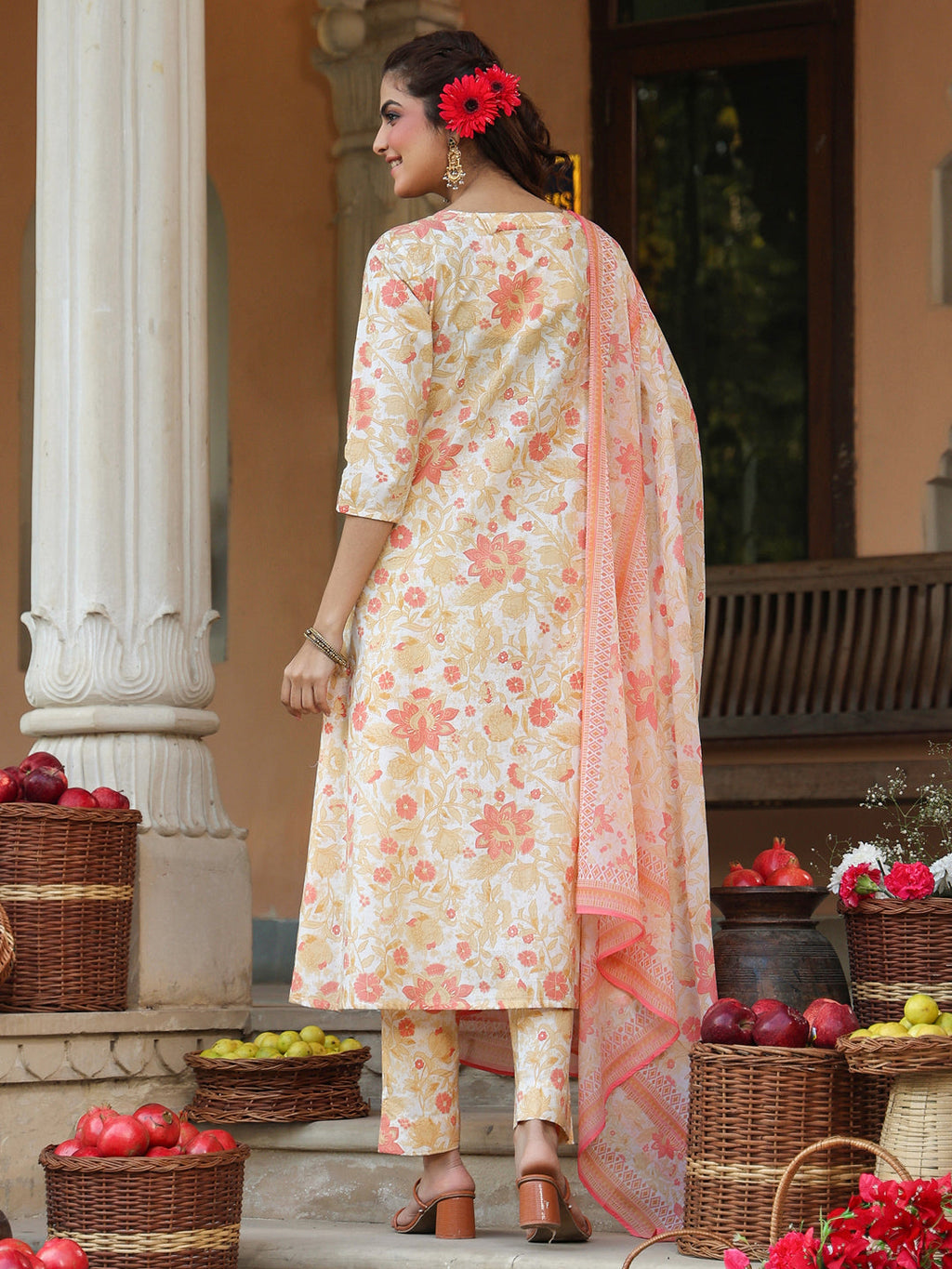 Janasya Light Cotton Floral A-Line Kurta Set | Grocsy