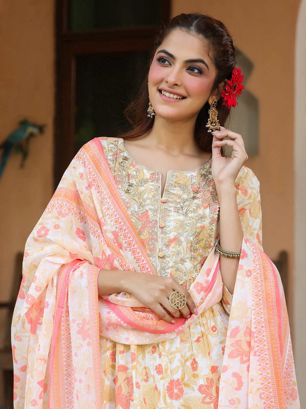 Janasya Light Cotton Floral A-Line Kurta Set | Grocsy