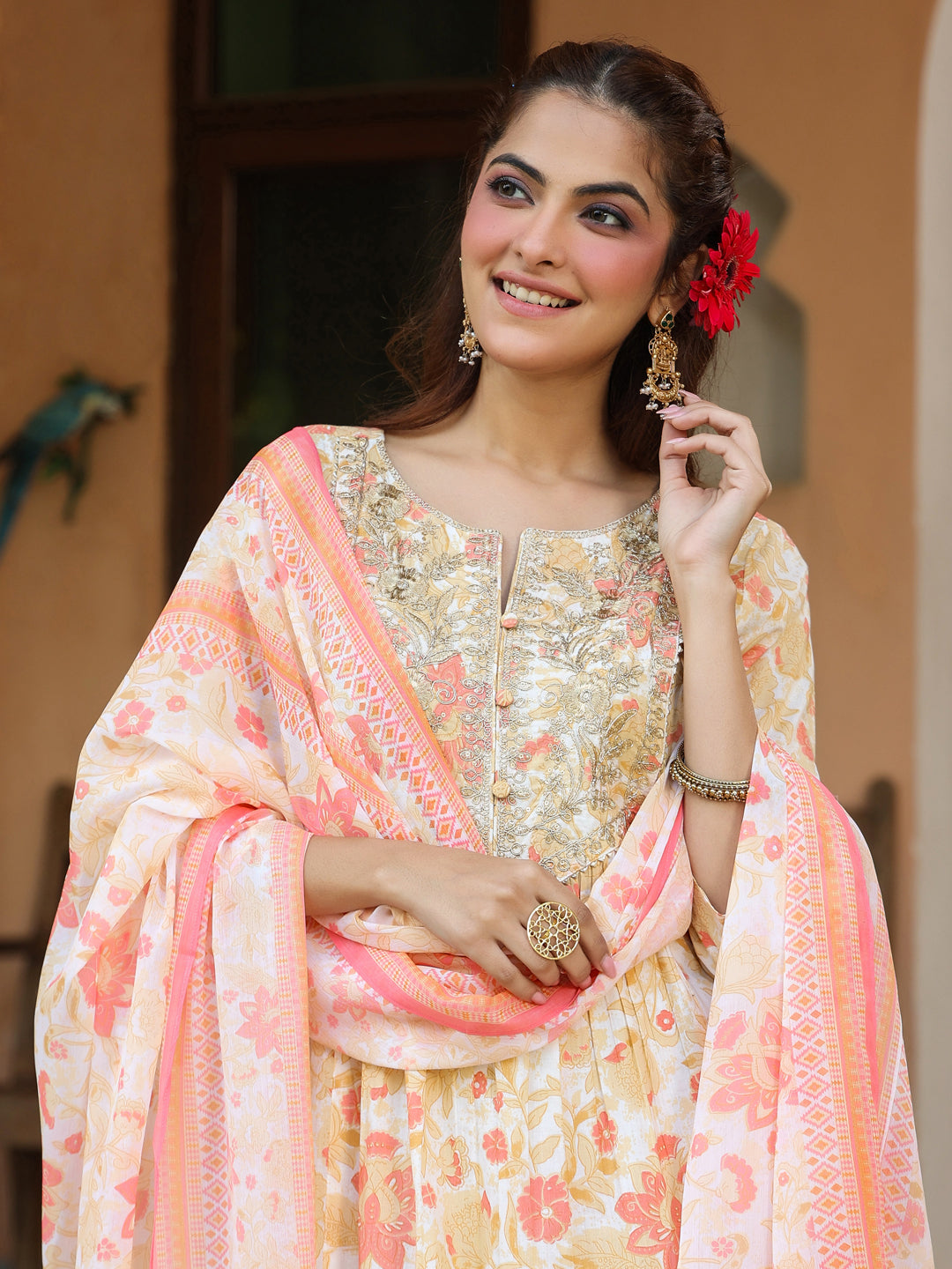 Janasya Light Cotton Floral A-Line Kurta Set | Grocsy