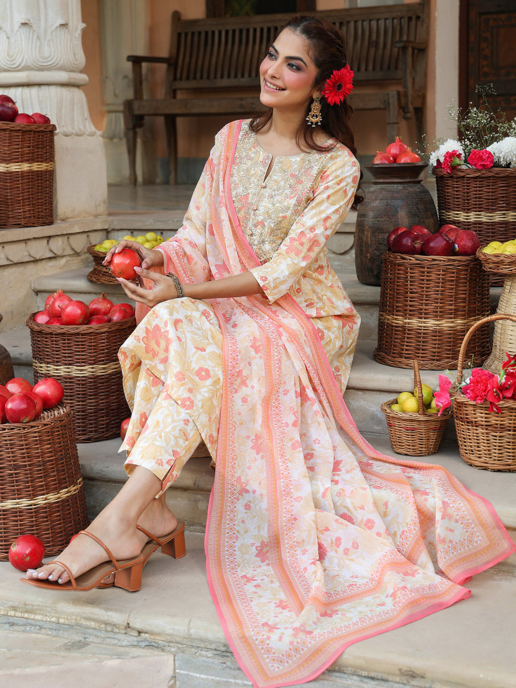 Janasya Light Cotton Floral A-Line Kurta Set | Grocsy