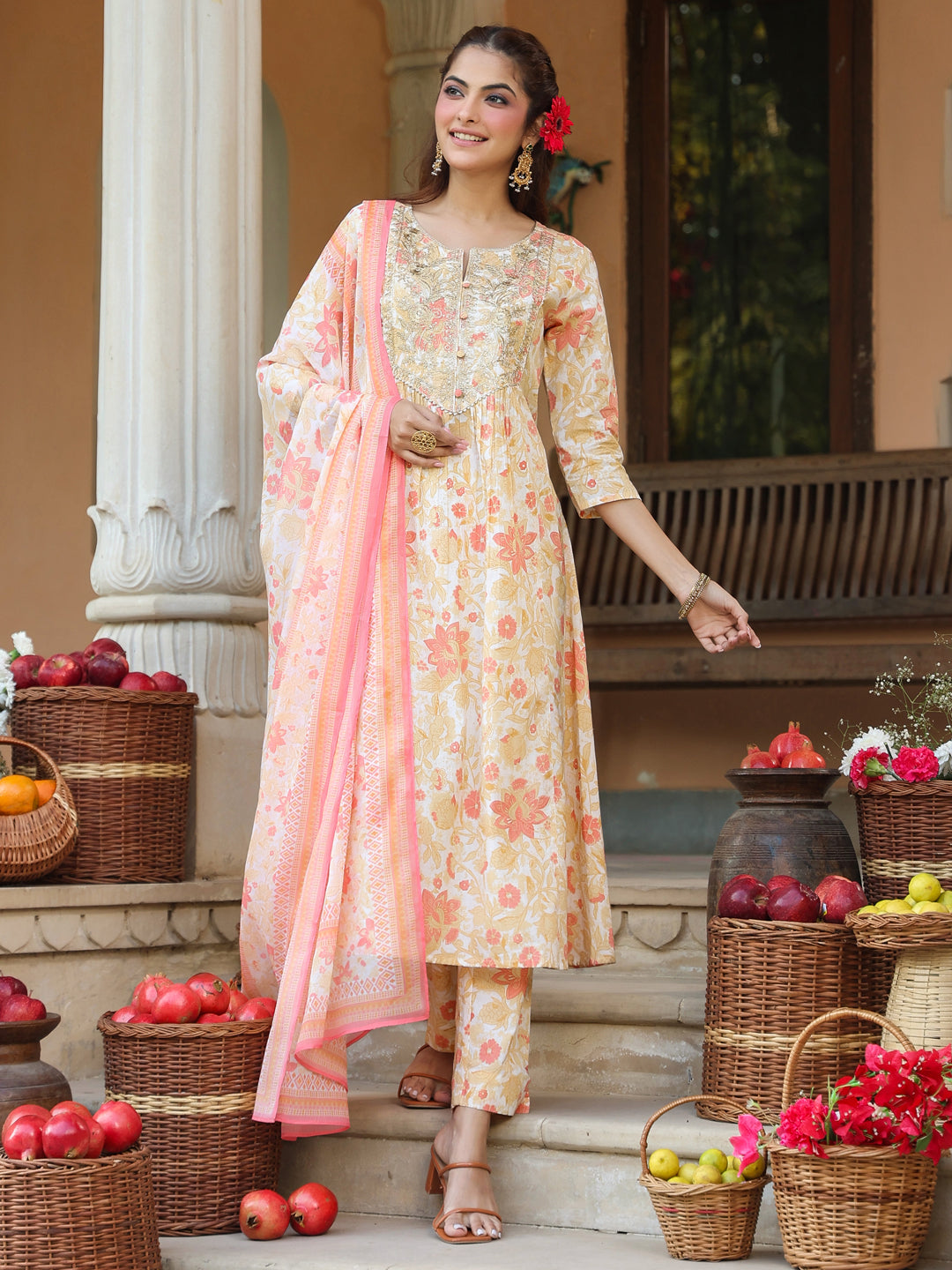 Janasya Light Cotton Floral A-Line Kurta Set | Grocsy