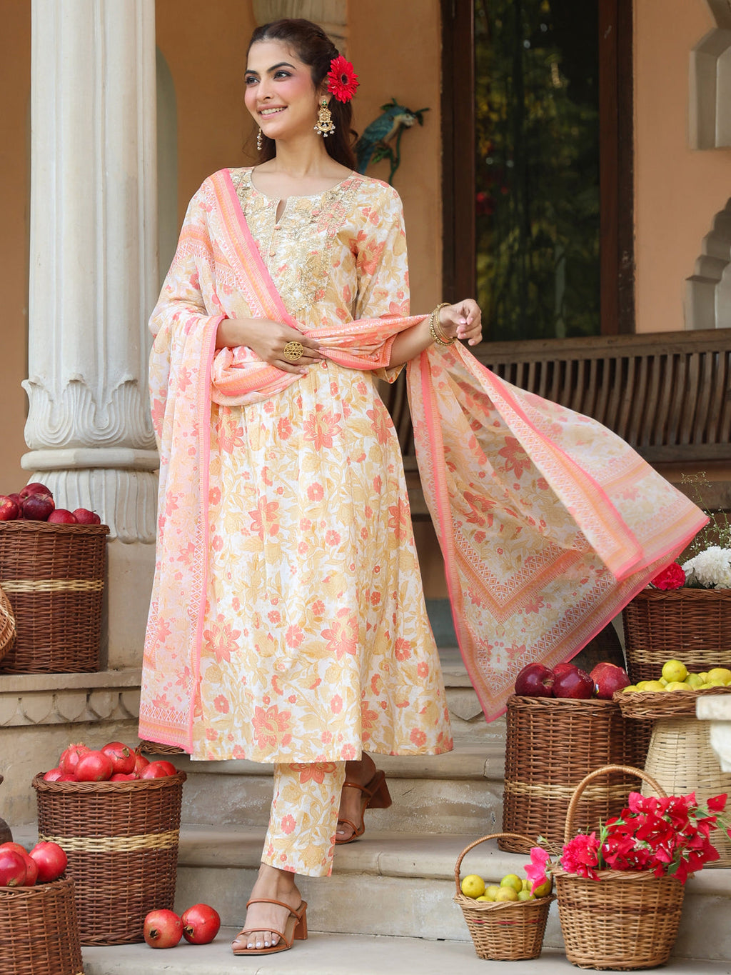Janasya Light Cotton Floral A-Line Kurta Set | Grocsy