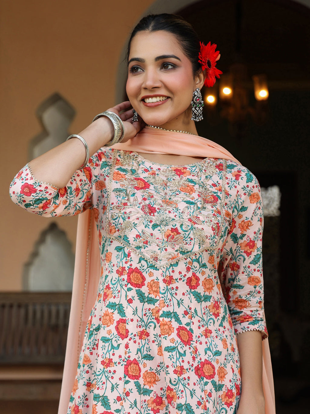 Janasya Light Cotton Floral Anarkali Kurta Set | Grocsy