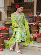 Janasya Bright Cotton Floral A-Line Kurta Set | Grocsy