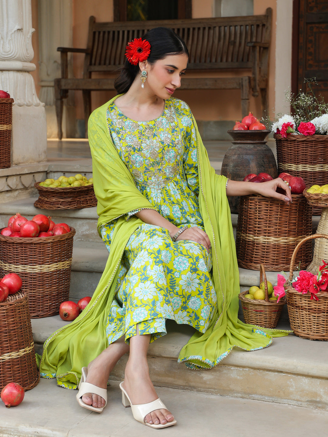 Janasya Bright Cotton Floral A-Line Kurta Set | Grocsy