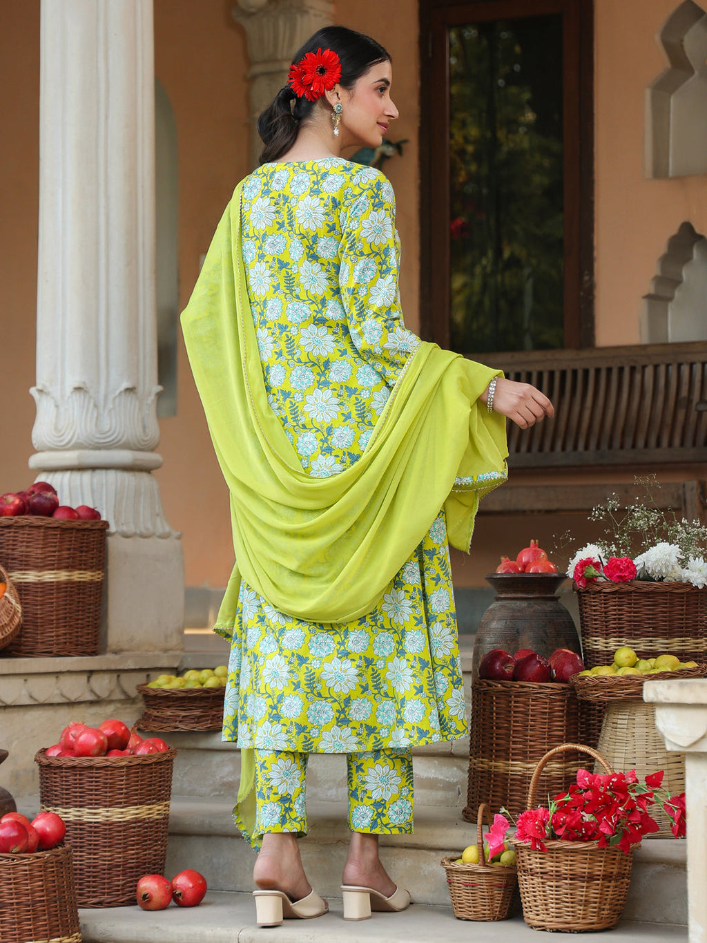 Janasya Bright Cotton Floral A-Line Kurta Set | Grocsy
