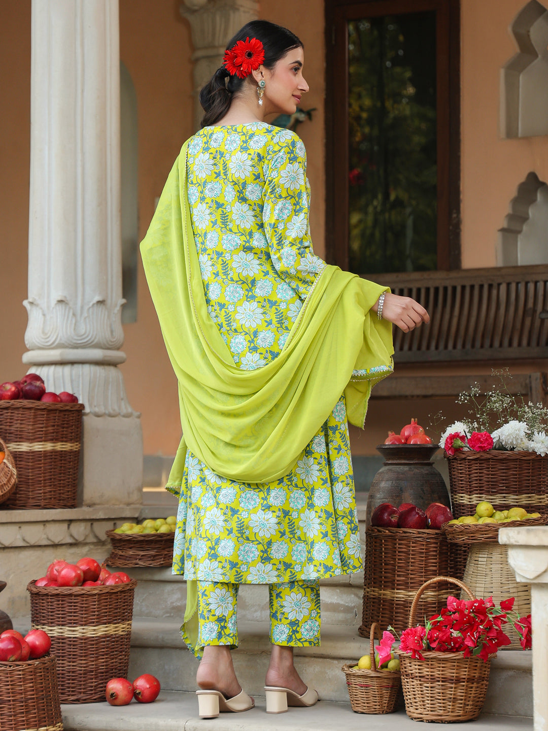 Janasya Bright Cotton Floral A-Line Kurta Set | Grocsy