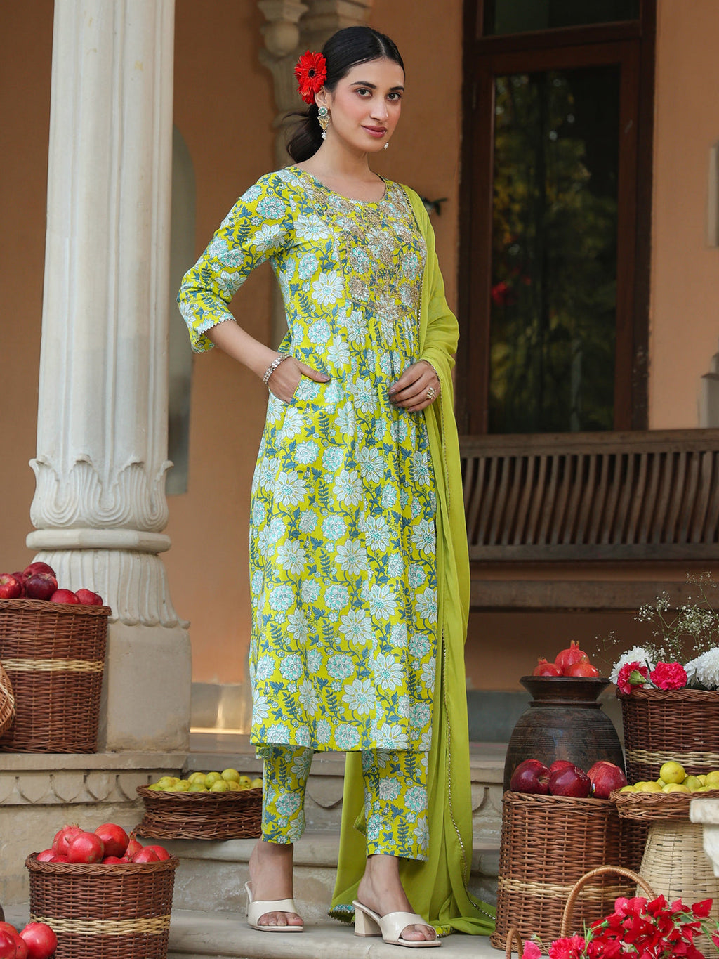 Janasya Bright Cotton Floral A-Line Kurta Set | Grocsy