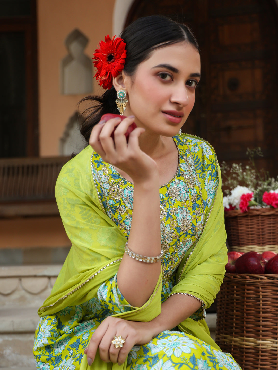 Janasya Bright Cotton Floral A-Line Kurta Set | Grocsy
