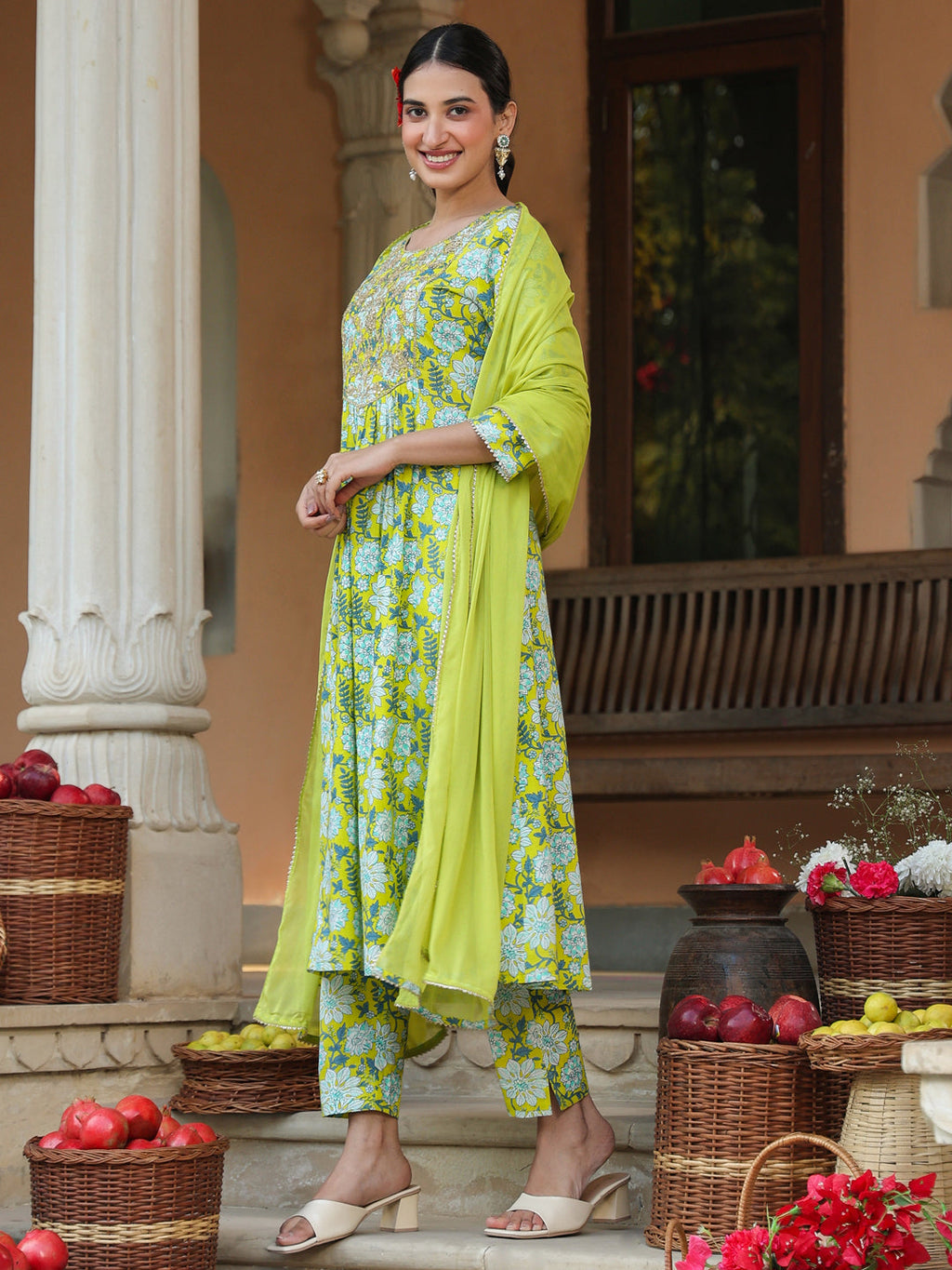 Janasya Bright Cotton Floral A-Line Kurta Set | Grocsy