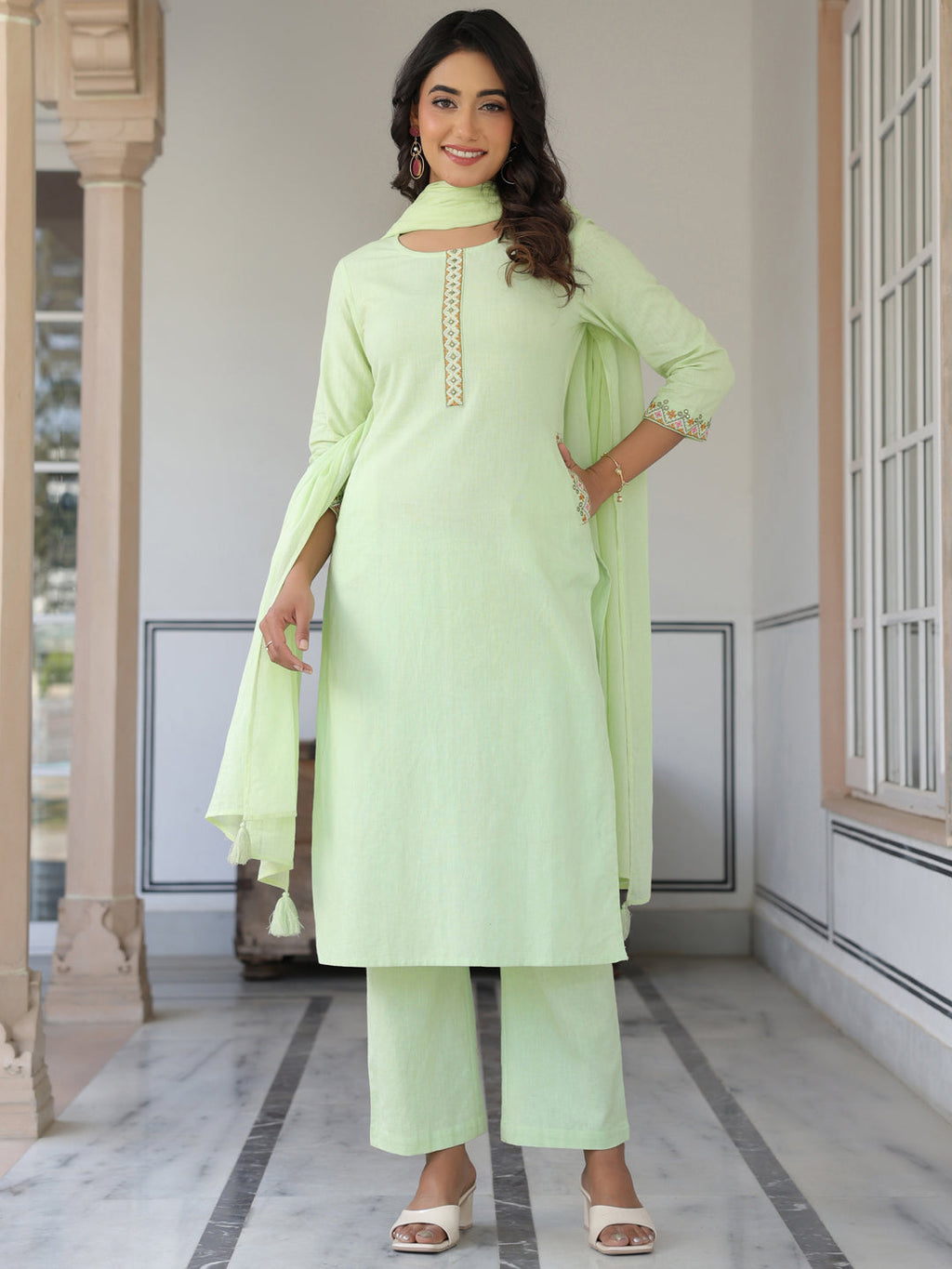 Janasya Light Cotton Self Design Straight Kurta Set | Grocsy