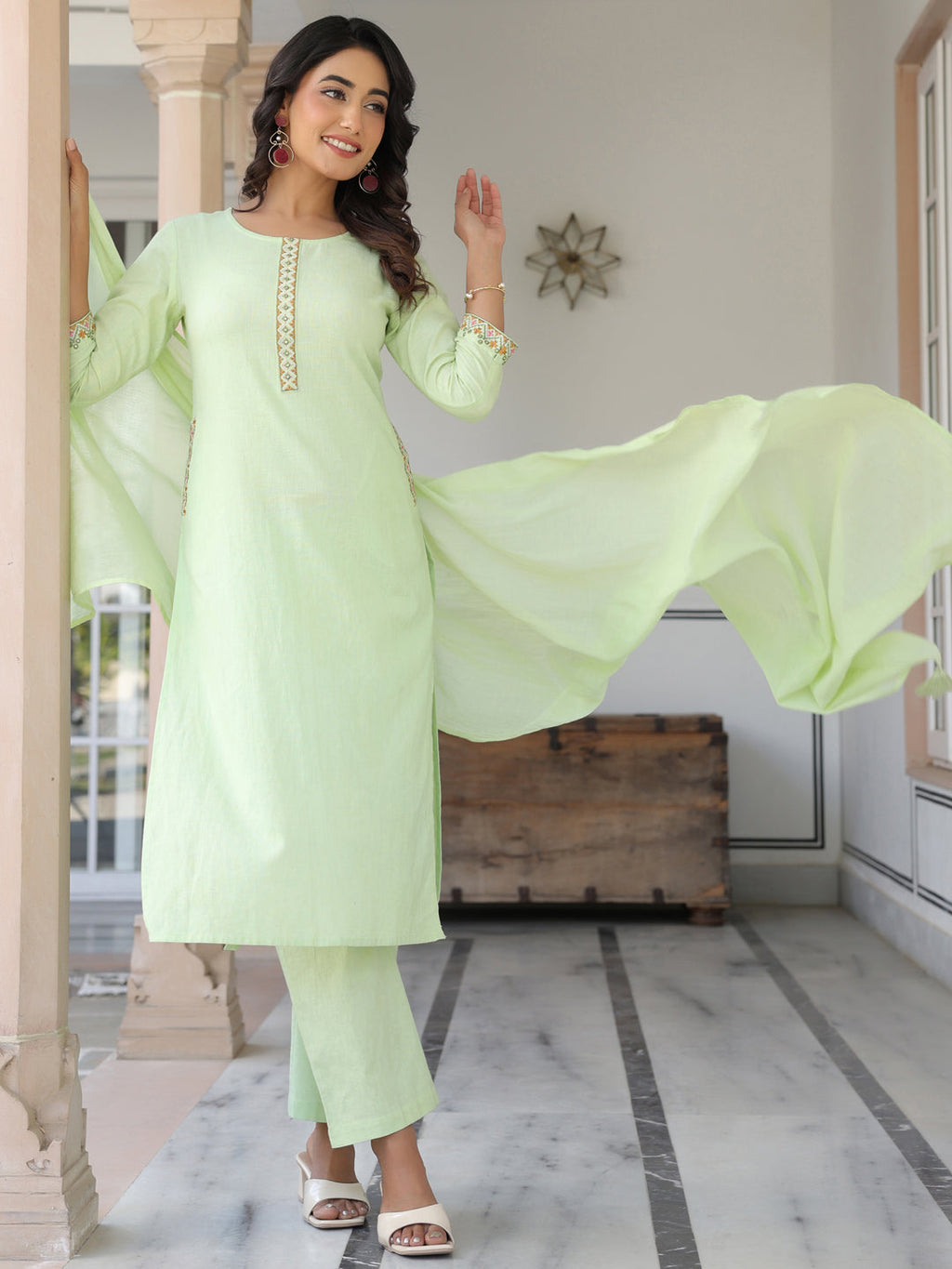 Janasya Light Cotton Self Design Straight Kurta Set | Grocsy