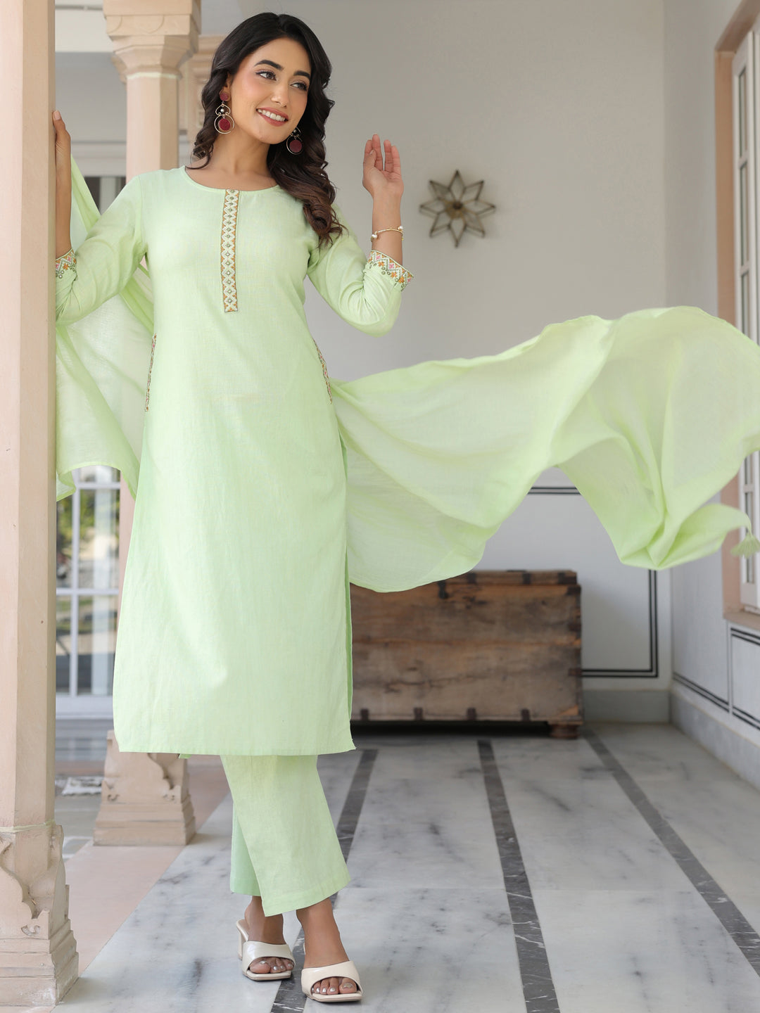 Janasya Light Cotton Self Design Straight Kurta Set | Grocsy