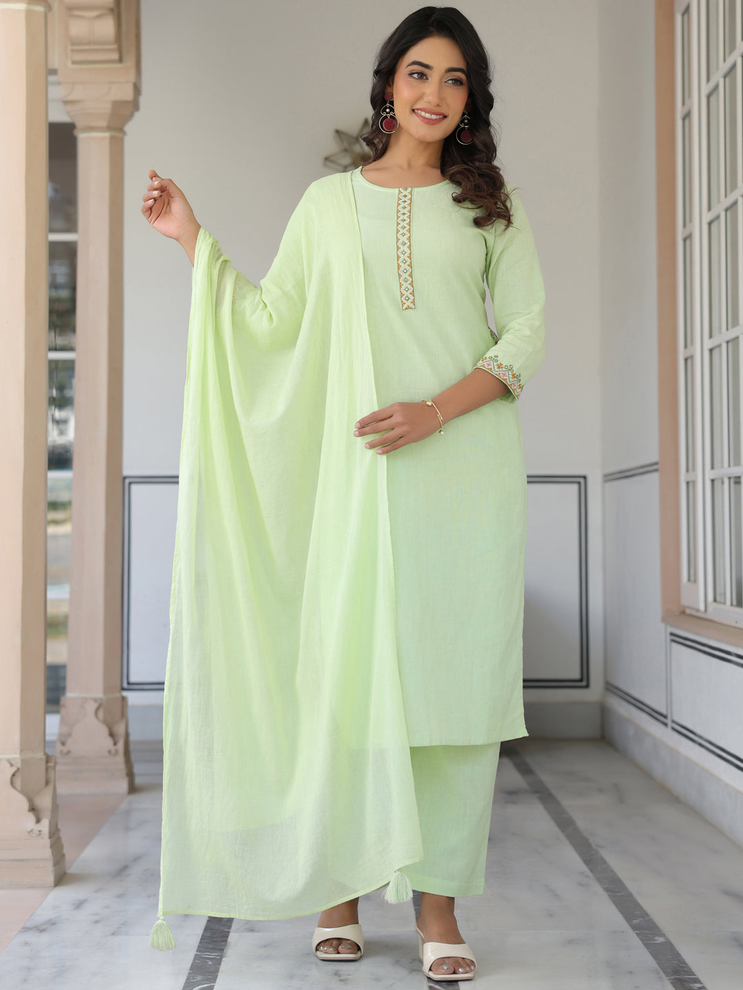 Janasya Light Cotton Self Design Straight Kurta Set | Grocsy