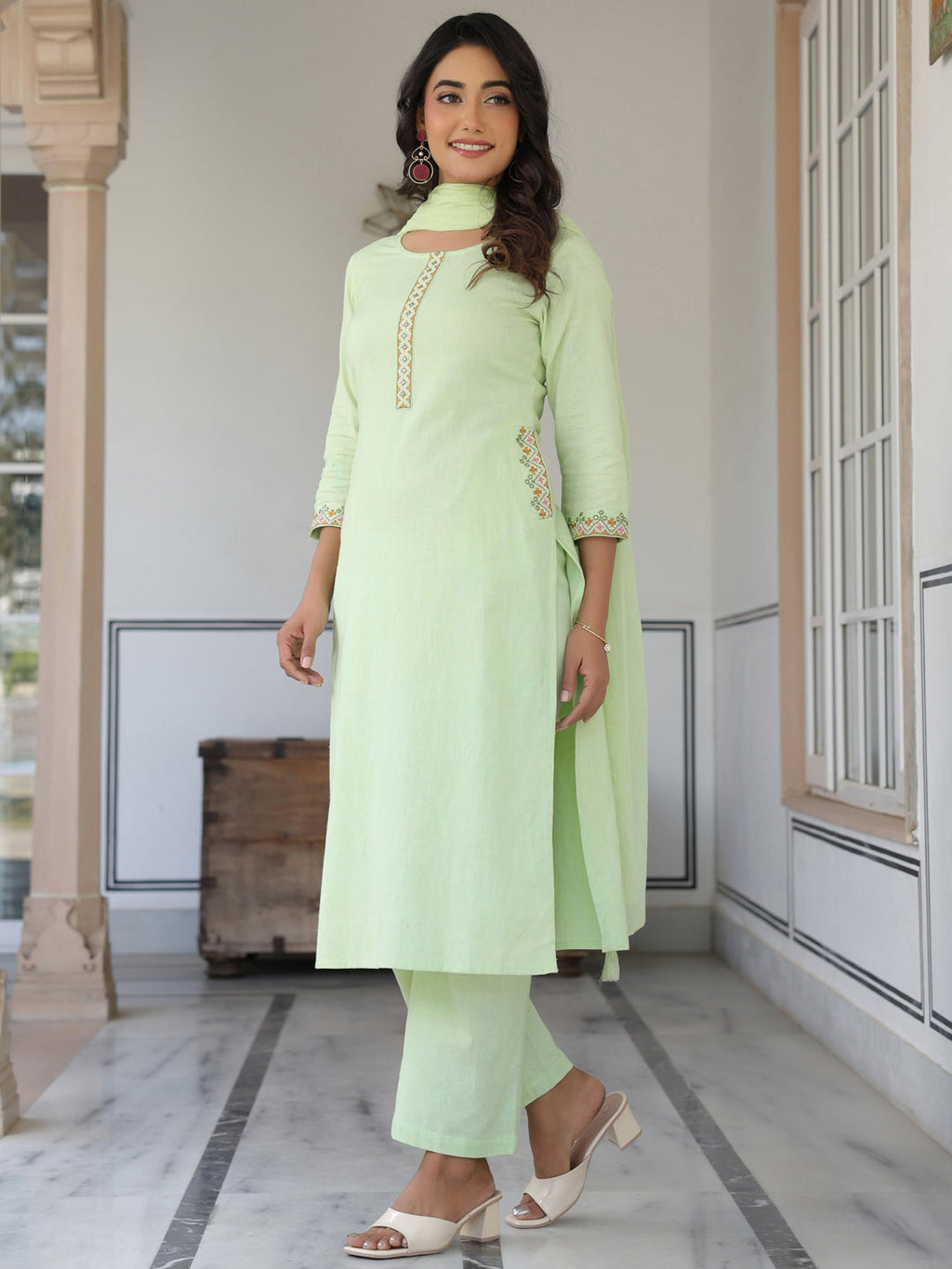 Janasya Light Cotton Self Design Straight Kurta Set | Grocsy