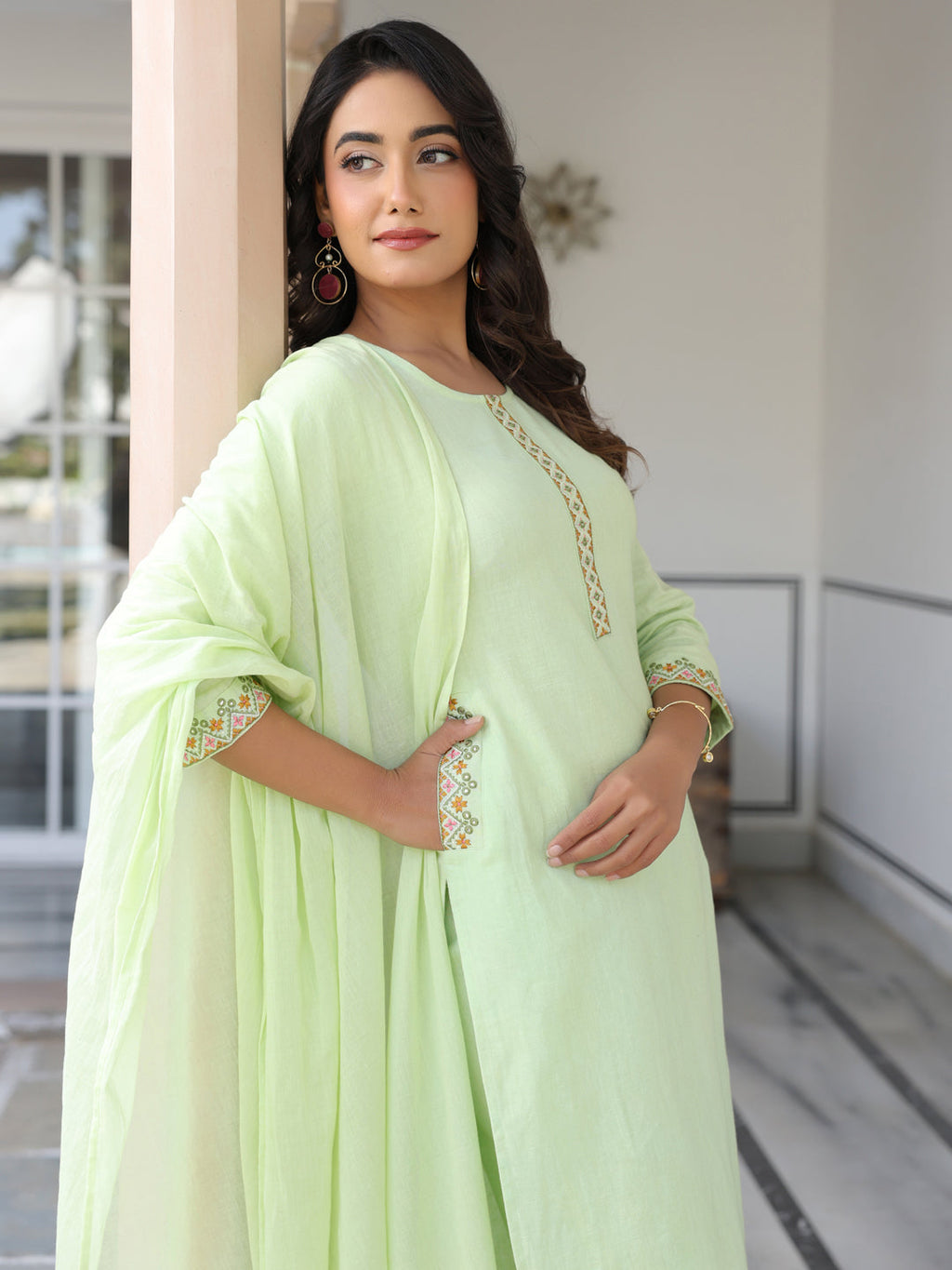 Janasya Light Cotton Self Design Straight Kurta Set | Grocsy
