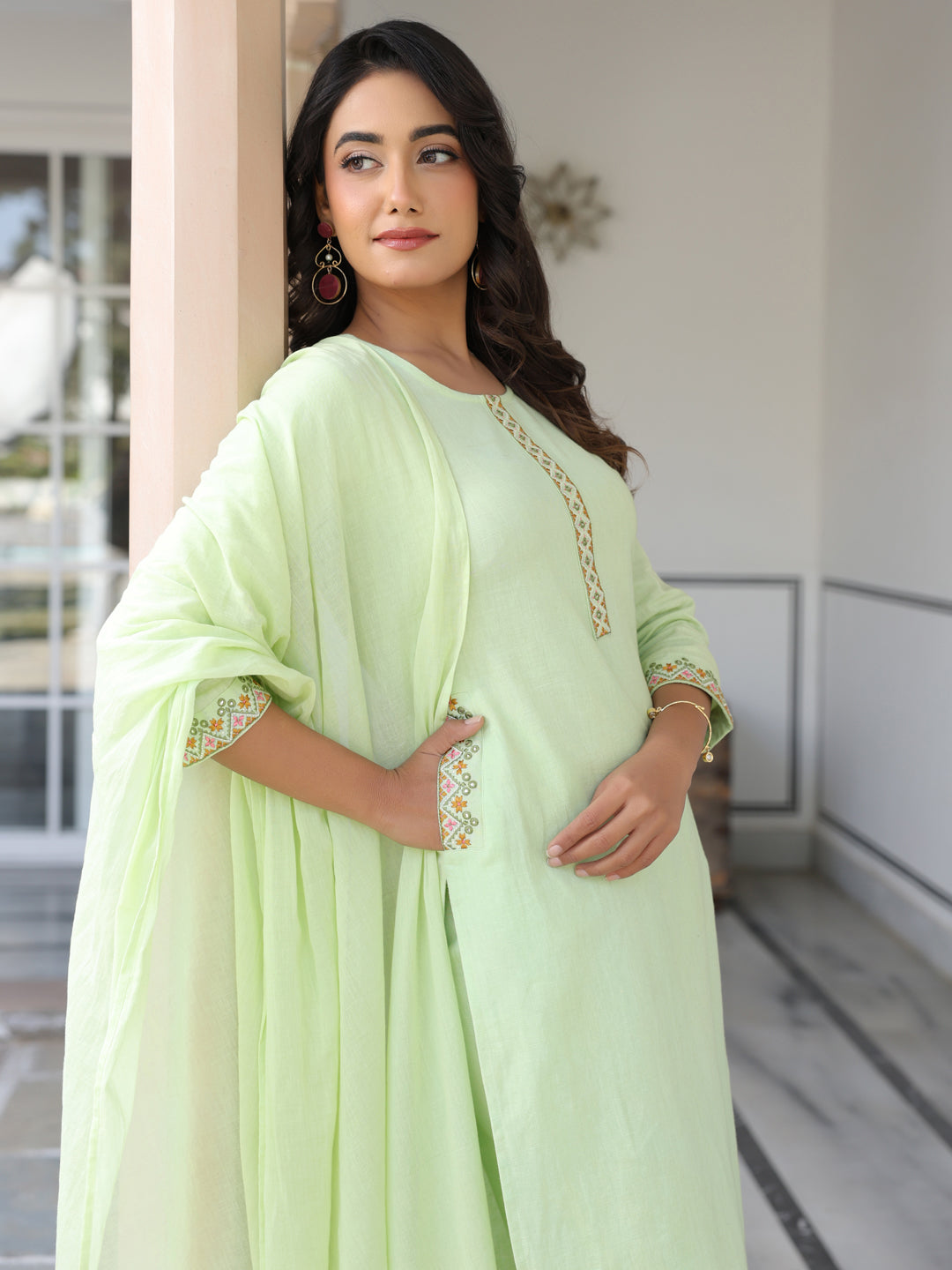 Janasya Light Cotton Self Design Straight Kurta Set | Grocsy