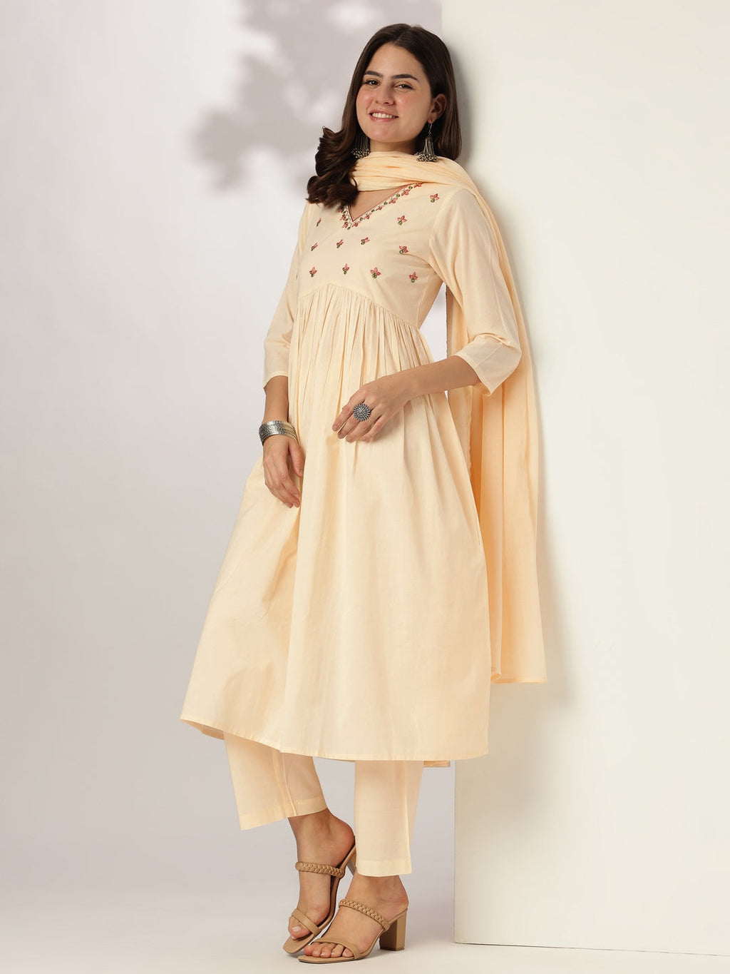 Janasya Light Cotton Yoke Embroidery A-Line Kurta Set | Grocsy