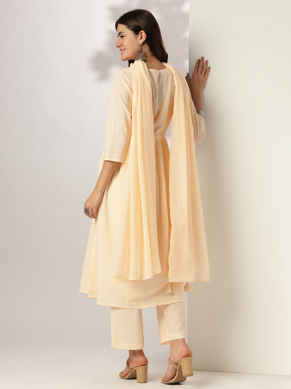 Janasya Light Cotton Yoke Embroidery A-Line Kurta Set | Grocsy