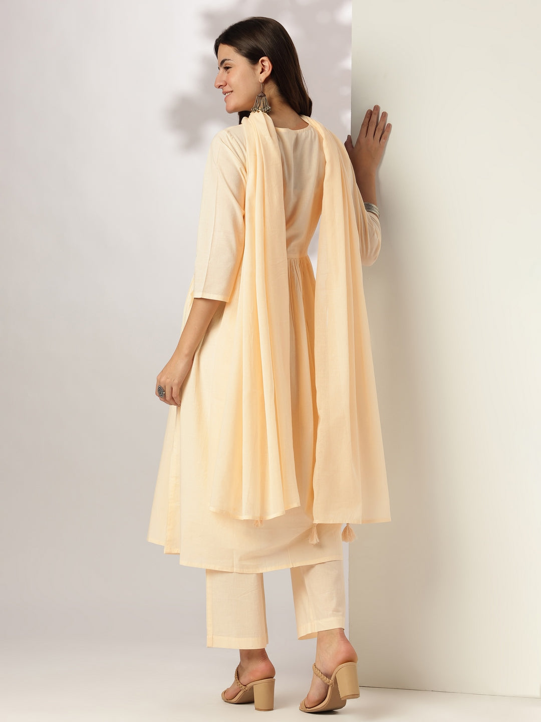 Janasya Light Cotton Yoke Embroidery A-Line Kurta Set | Grocsy