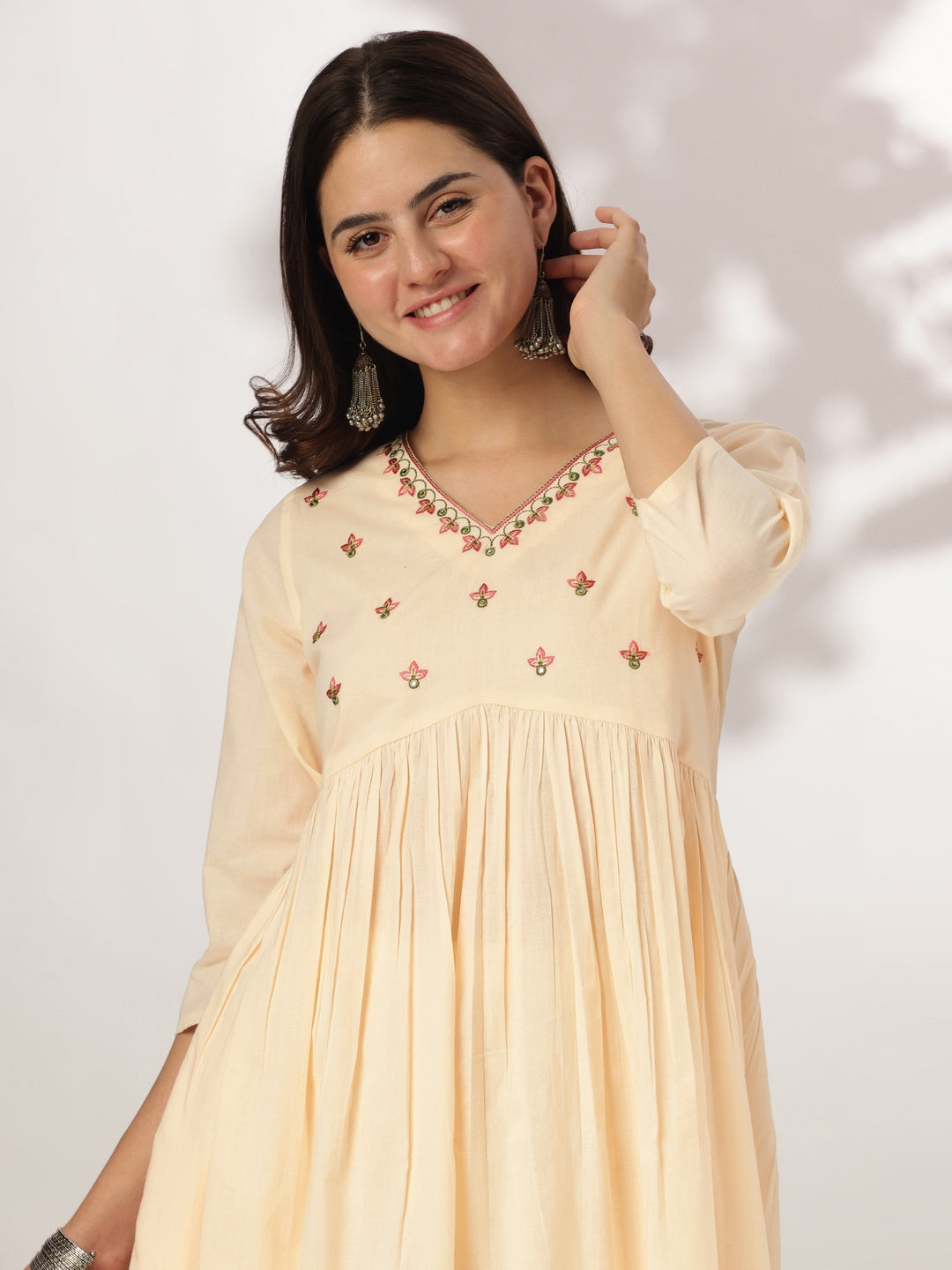 Janasya Light Cotton Yoke Embroidery A-Line Kurta Set | Grocsy
