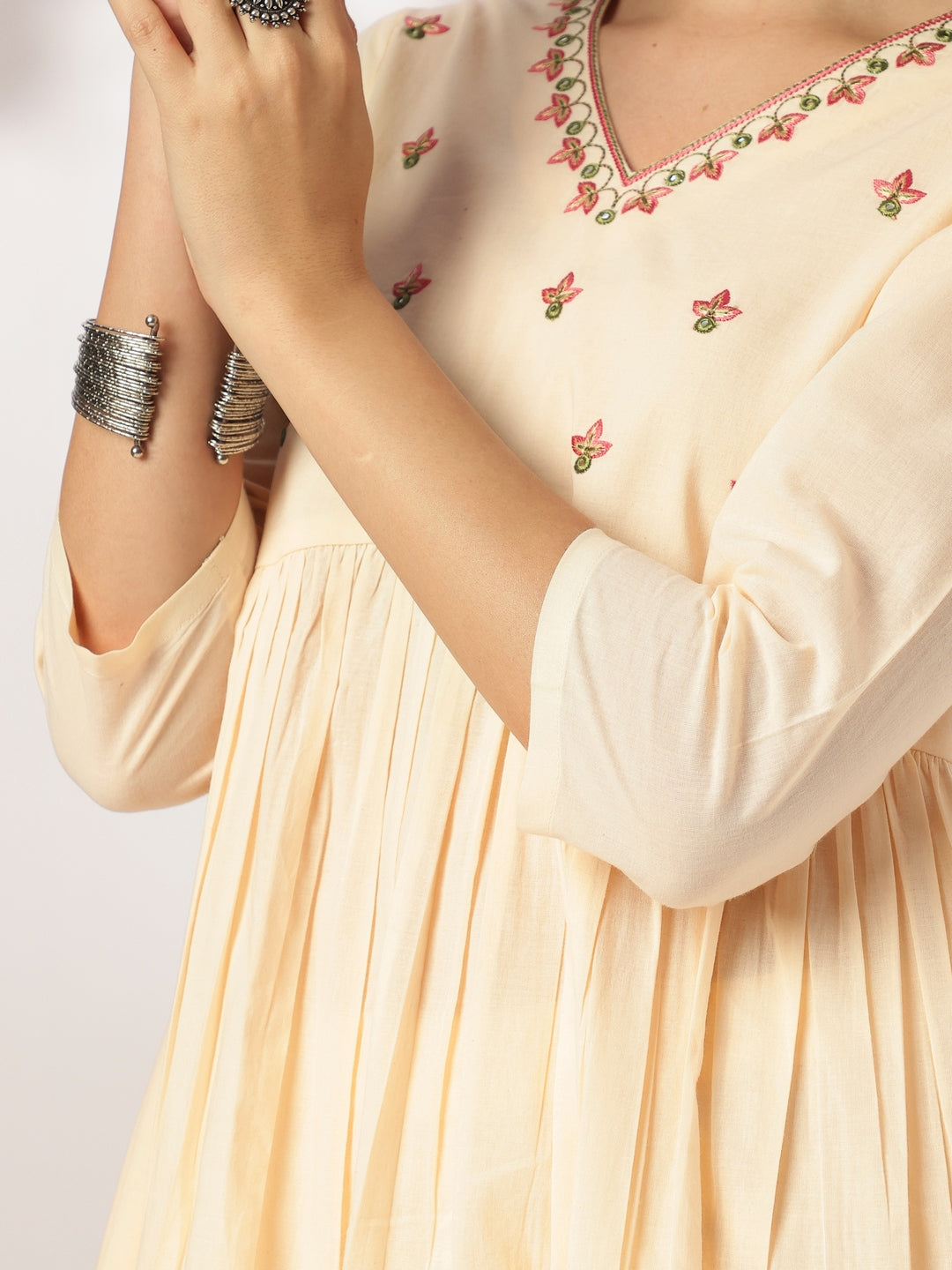 Janasya Light Cotton Yoke Embroidery A-Line Kurta Set | Grocsy