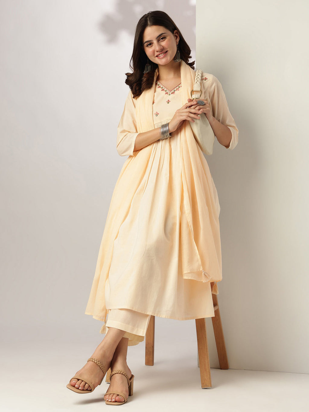 Janasya Light Cotton Yoke Embroidery A-Line Kurta Set | Grocsy
