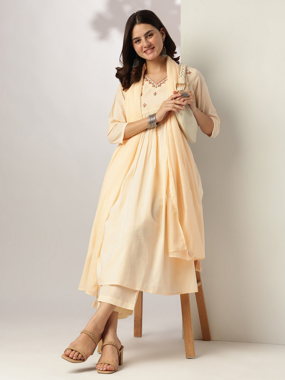 Janasya Light Cotton Yoke Embroidery A-Line Kurta Set | Grocsy