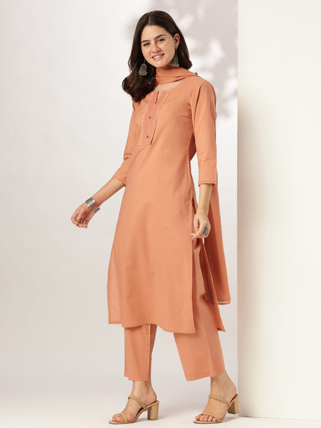 Janasya Dark Cotton Solid Straight Kurta Set | Grocsy