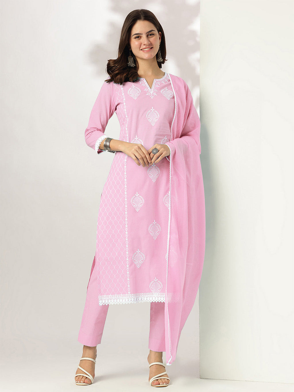 Janasya Light Cotton Embroidered Straight Kurta Set | Grocsy