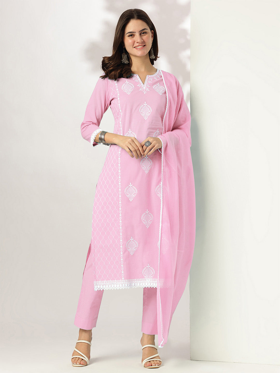 Janasya Light Cotton Embroidered Straight Kurta Set | Grocsy
