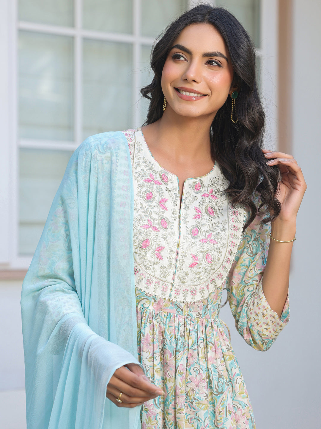 Janasya Light Cotton Yoke Embroidery A-Line Kurta Set | Grocsy