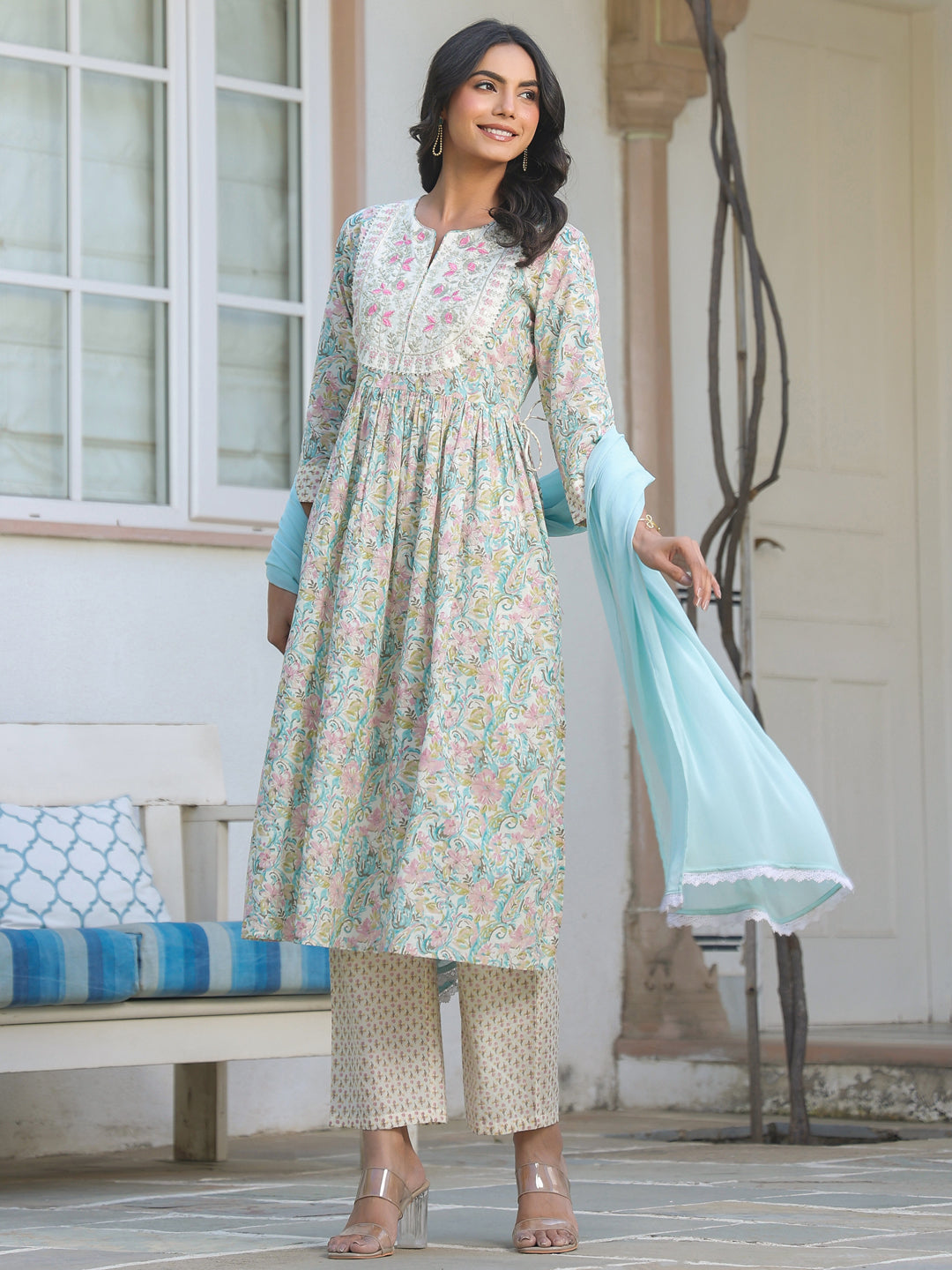 Janasya Light Cotton Yoke Embroidery A-Line Kurta Set | Grocsy