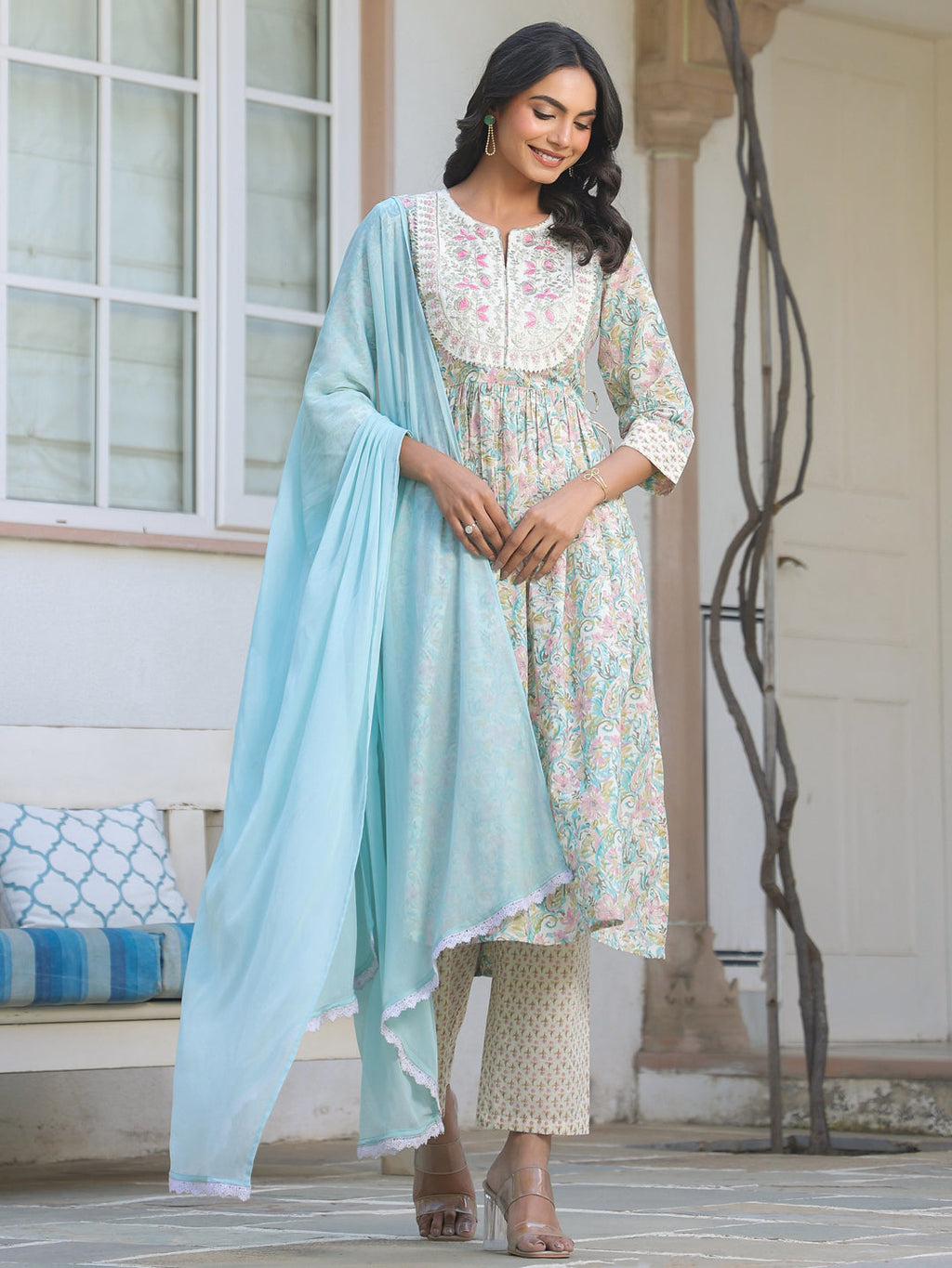 Janasya Light Cotton Yoke Embroidery A-Line Kurta Set | Grocsy